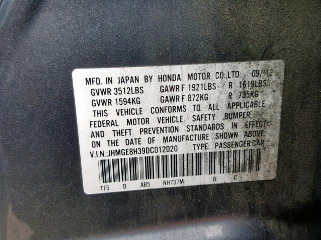 JHMGE8H39DC012020 - 2013 HONDA FIT GRAY photo 10