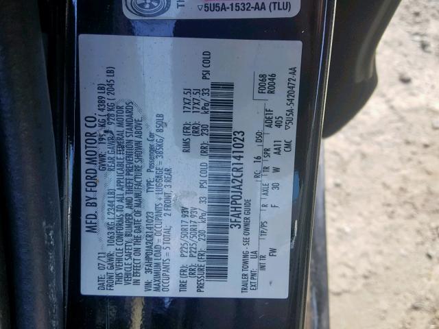 3FAHP0JA2CR141023 - 2012 FORD FUSION SEL BLACK photo 10