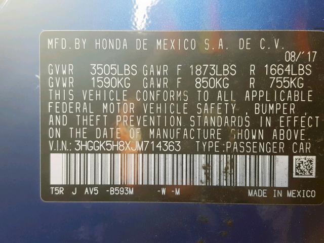 3HGGK5H8XJM714363 - 2018 HONDA FIT EX BLUE photo 10