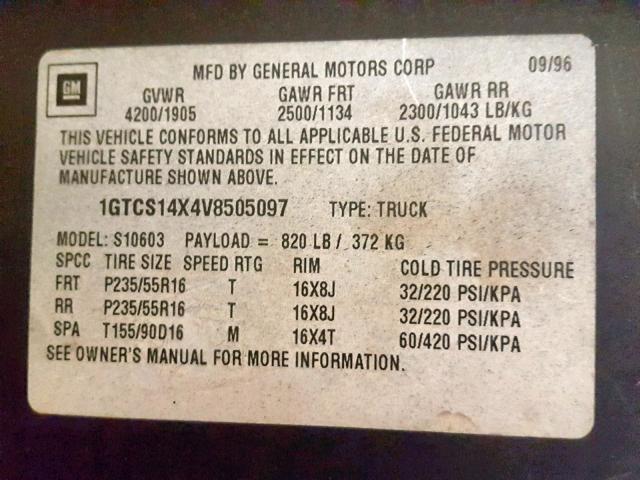 1GTCS14X4V8505097 - 1997 GMC SONOMA BLACK photo 10