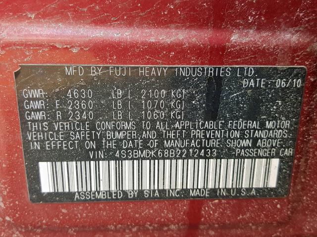 4S3BMDK68B2212433 - 2011 SUBARU LEGACY 3.6 RED photo 10