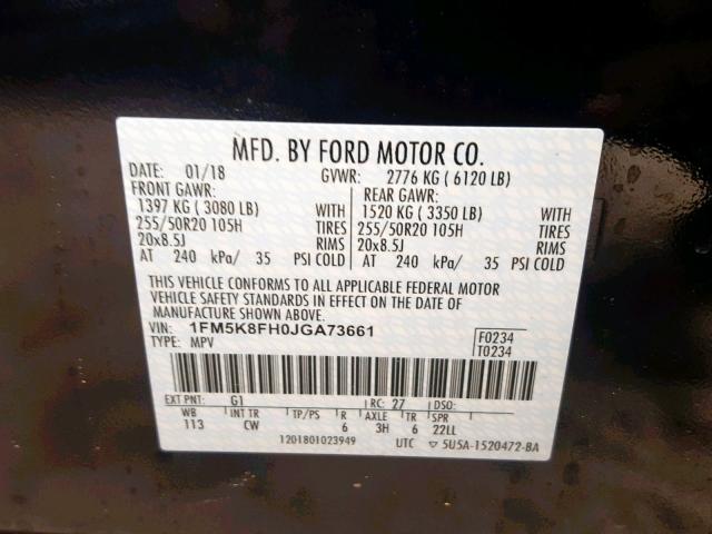 1FM5K8FH0JGA73661 - 2018 FORD EXPLORER L BLACK photo 10