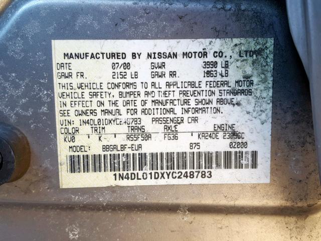 1N4DL01DXYC248783 - 2000 NISSAN ALTIMA XE SILVER photo 10