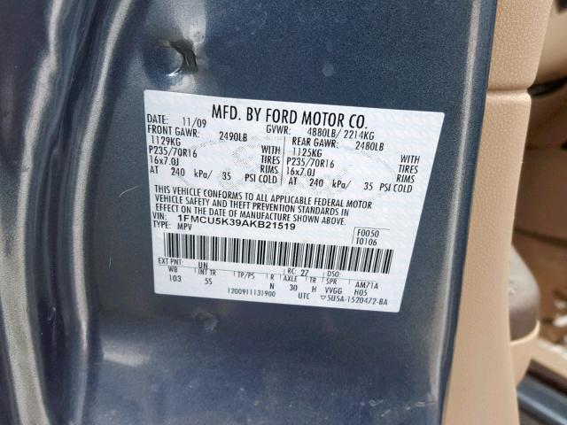 1FMCU5K39AKB21519 - 2010 FORD ESCAPE HYB BLUE photo 10