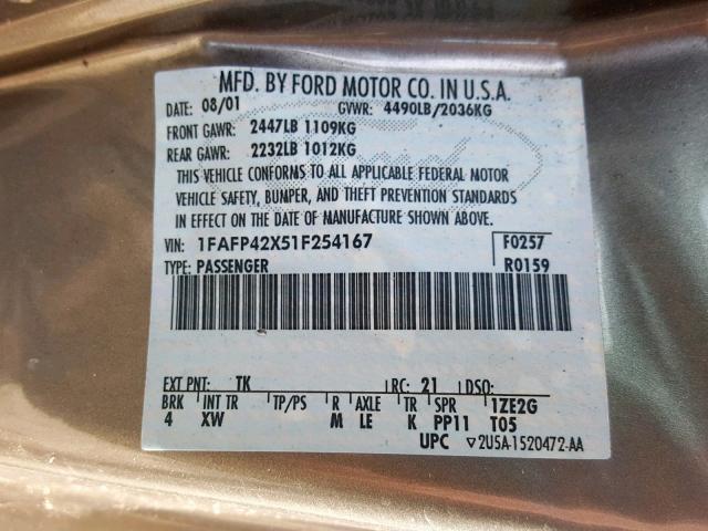 1FAFP42X51F254167 - 2001 FORD MUSTANG GT GRAY photo 10