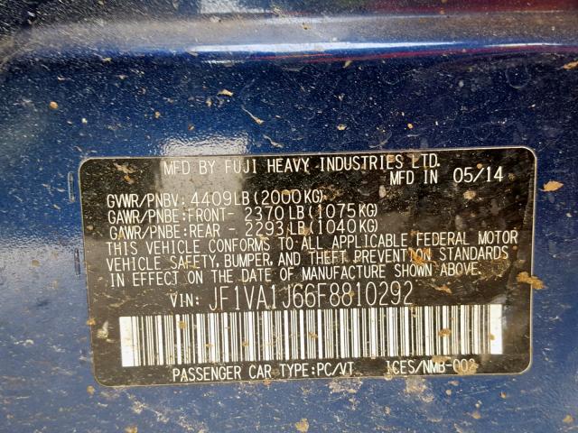 JF1VA1J66F8810292 - 2015 SUBARU WRX LIMITE BLUE photo 10