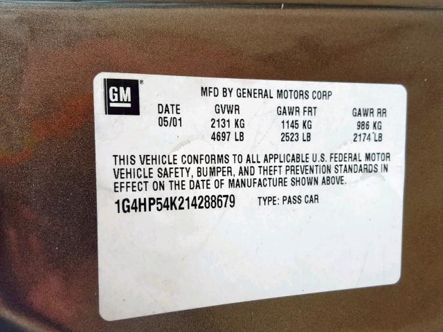 1G4HP54K214288679 - 2001 BUICK LESABRE CU GOLD photo 10