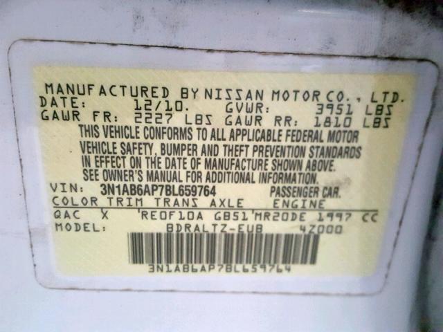 3N1AB6AP7BL659764 - 2011 NISSAN SENTRA 2.0 WHITE photo 10