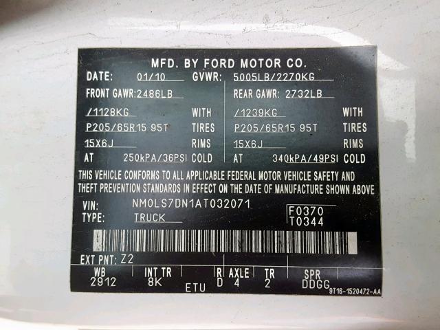 NM0LS7DN1AT032071 - 2010 FORD TRANSIT CO WHITE photo 10
