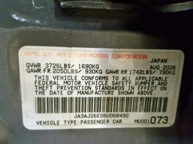 JA3AJ26E06U068492 - 2006 MITSUBISHI LANCER ES BLUE photo 10