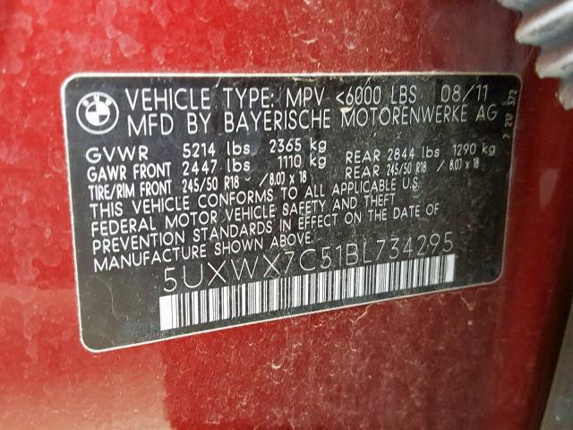 5UXWX7C51BL734295 - 2011 BMW X3 XDRIVE3 RED photo 10