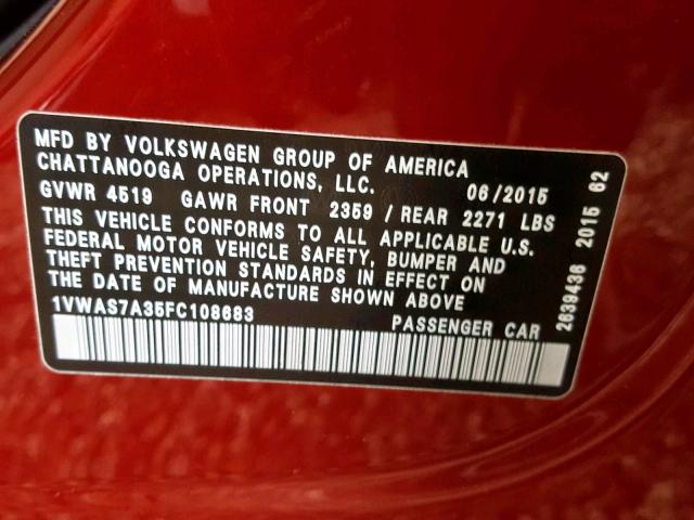 1VWAS7A35FC108683 - 2015 VOLKSWAGEN PASSAT S RED photo 10