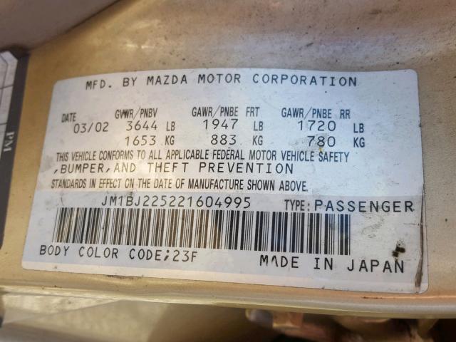 JM1BJ225221604995 - 2002 MAZDA PROTEGE DX GOLD photo 10