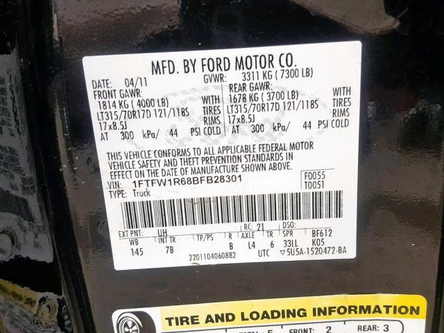 1FTFW1R68BFB28301 - 2011 FORD F150 SVT R BLACK photo 10