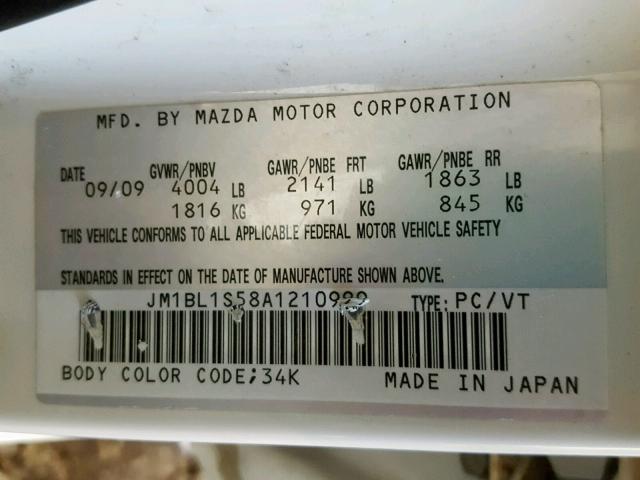 JM1BL1S58A1210999 - 2010 MAZDA 3 S WHITE photo 10