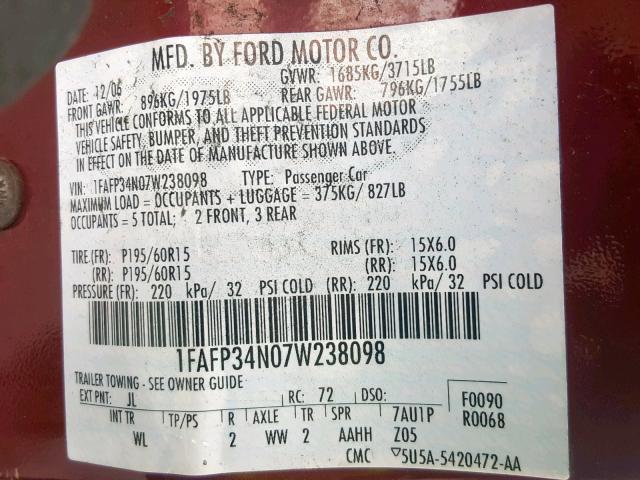 1FAFP34N07W238098 - 2007 FORD FOCUS ZX4 MAROON photo 10