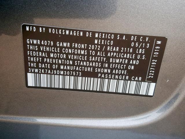 3VW2K7AJ9DM307573 - 2013 VOLKSWAGEN JETTA BASE GRAY photo 10