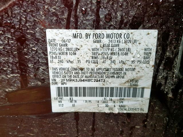 2FMPK3J94HBC22473 - 2017 FORD EDGE SEL BURGUNDY photo 10