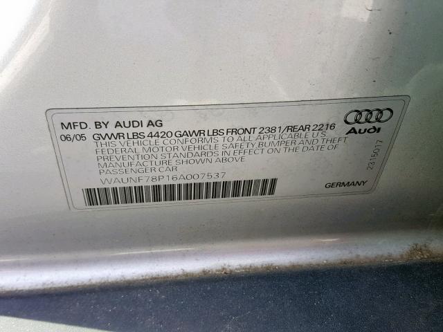 WAUNF78P16A007537 - 2006 AUDI A3 2.0 PRE GRAY photo 10