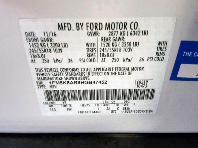 1FM5K8AR8HGB47452 - 2017 FORD EXPLORER P WHITE photo 10