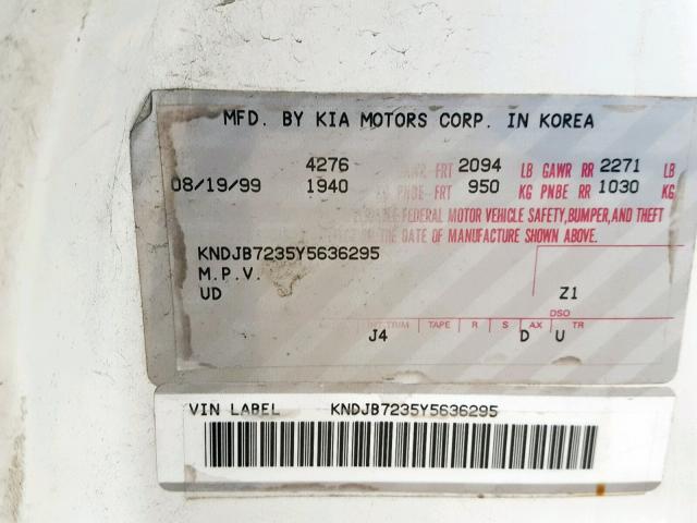 KNDJB7235Y5636295 - 2000 KIA SPORTAGE WHITE photo 10