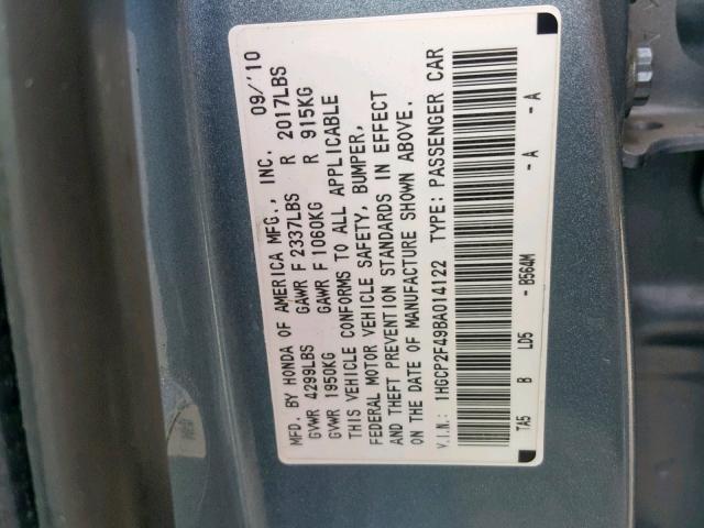 1HGCP2F49BA014122 - 2011 HONDA ACCORD LXP BLUE photo 10