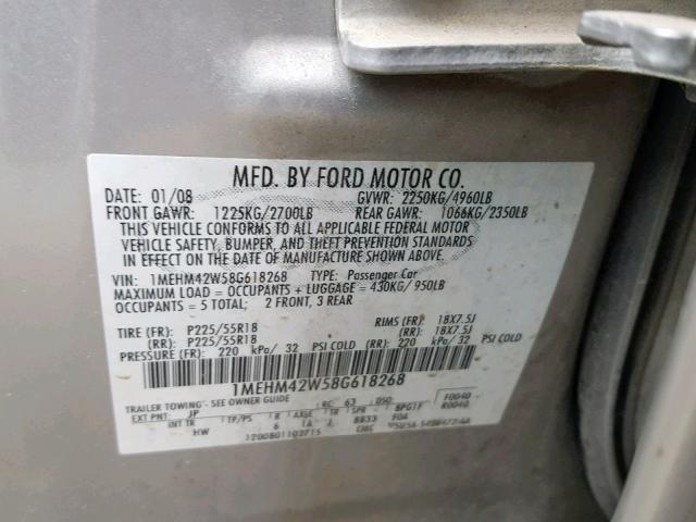 1MEHM42W58G618268 - 2008 MERCURY SABLE PREM SILVER photo 10