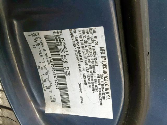 1FAFP55S4YA167373 - 2000 FORD TAURUS SES BLUE photo 10