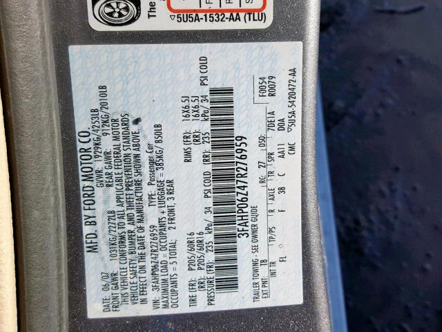 3FAHP06Z47R276959 - 2007 FORD FUSION S GRAY photo 10