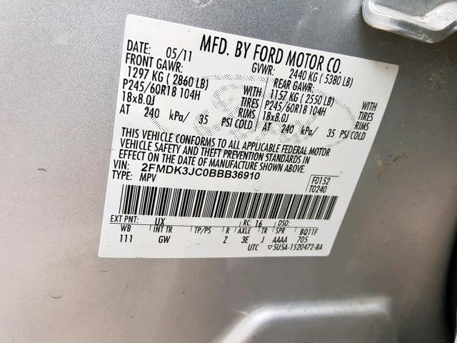 2FMDK3JC0BBB36910 - 2011 FORD EDGE SEL SILVER photo 10