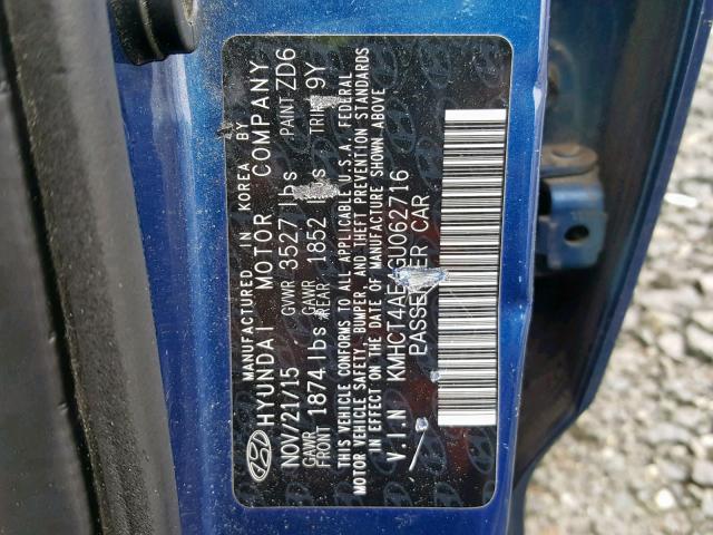 KMHCT4AE4GU062716 - 2016 HYUNDAI ACCENT SE BLUE photo 10