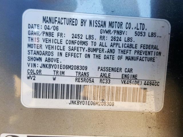 JNKBY01E06M208309 - 2006 INFINITI M45 BASE SILVER photo 10