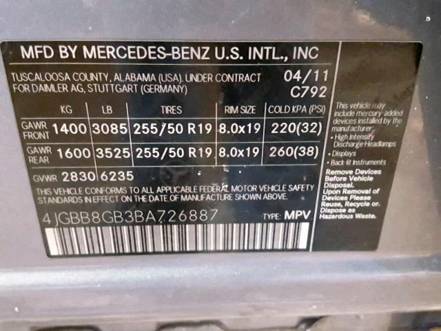 4JGBB8GB3BA726887 - 2011 MERCEDES-BENZ ML 350 4MA GRAY photo 10