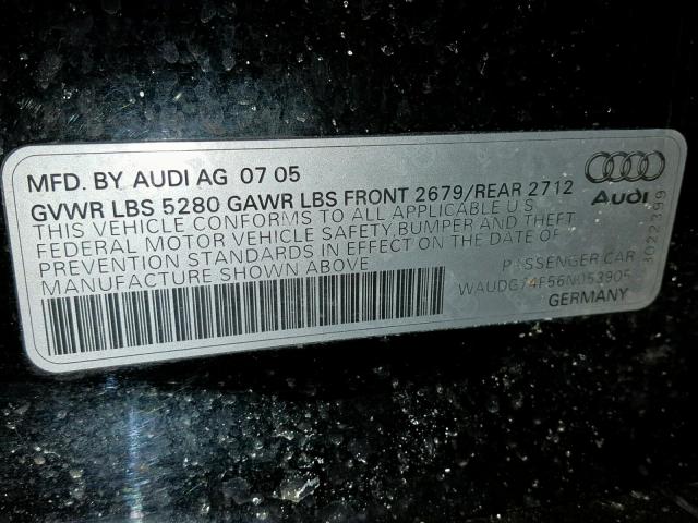 WAUDG74F56N053905 - 2006 AUDI A6 3.2 QUA BLACK photo 10