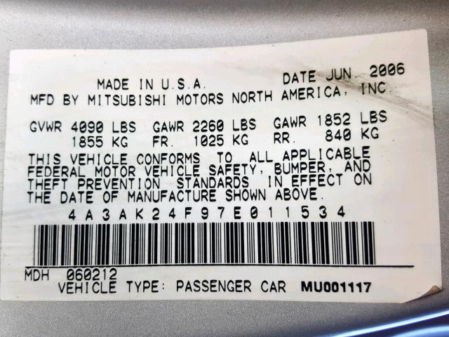 4A3AK24F97E011534 - 2007 MITSUBISHI ECLIPSE GS SILVER photo 10