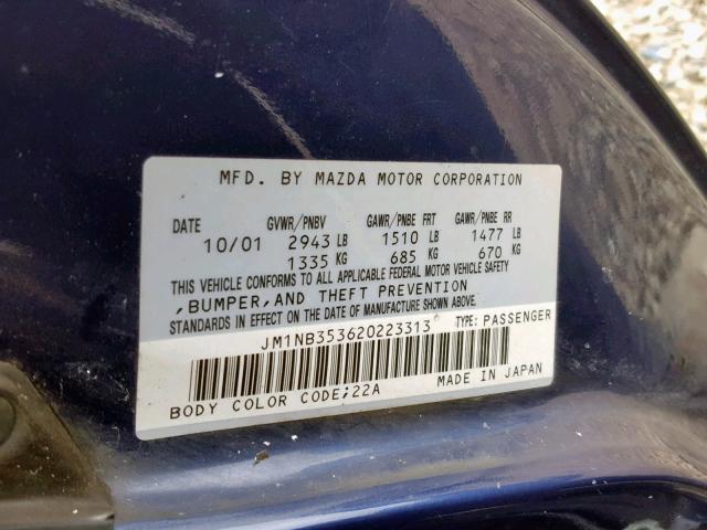 JM1NB353620223313 - 2002 MAZDA MX-5 MIATA BLUE photo 10