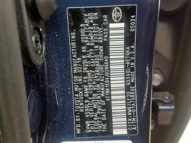 4T1BK1EB4JU286640 - 2018 TOYOTA AVALON XLE BLUE photo 10