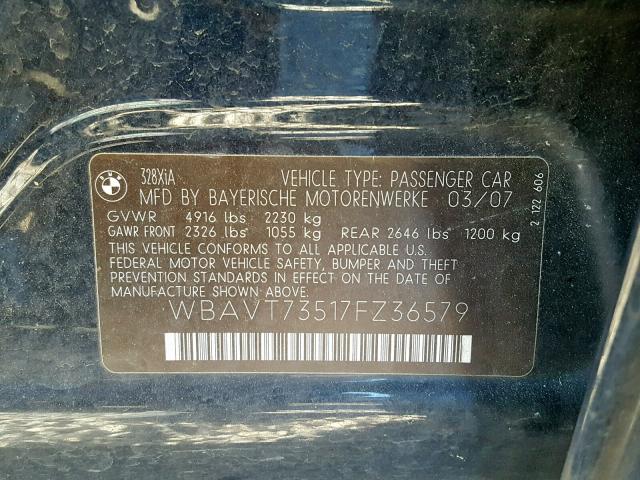 WBAVT73517FZ36579 - 2007 BMW 328 XIT BLUE photo 10
