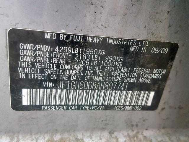 JF1GH6D68AH807741 - 2010 SUBARU IMPREZA OU SILVER photo 10