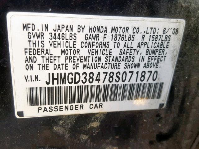 JHMGD38478S071870 - 2008 HONDA FIT BLACK photo 10