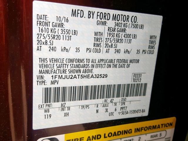 1FMJU2AT5HEA32529 - 2017 FORD EXPEDITION BROWN photo 10