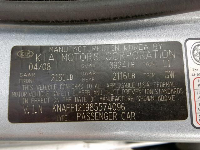 KNAFE121985574096 - 2008 KIA SPECTRA EX BLUE photo 10