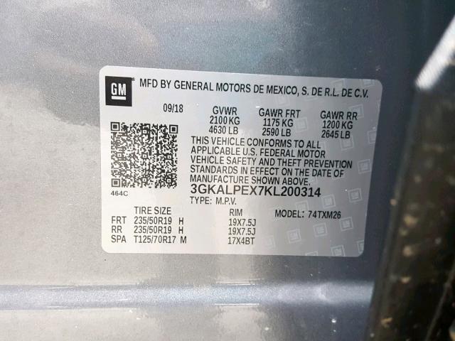 3GKALPEX7KL200314 - 2019 GMC TERRAIN SL SILVER photo 10