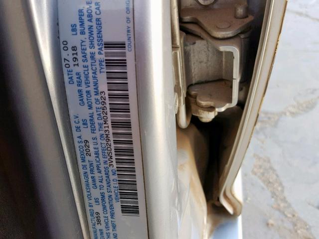 3VWSD29M31M025923 - 2001 VOLKSWAGEN JETTA GLS SILVER photo 10