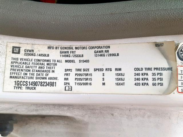 1GCCS149078234981 - 2007 CHEVROLET COLORADO WHITE photo 10