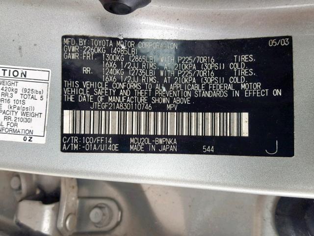 JTEGF21A830110746 - 2003 TOYOTA HIGHLANDER SILVER photo 10