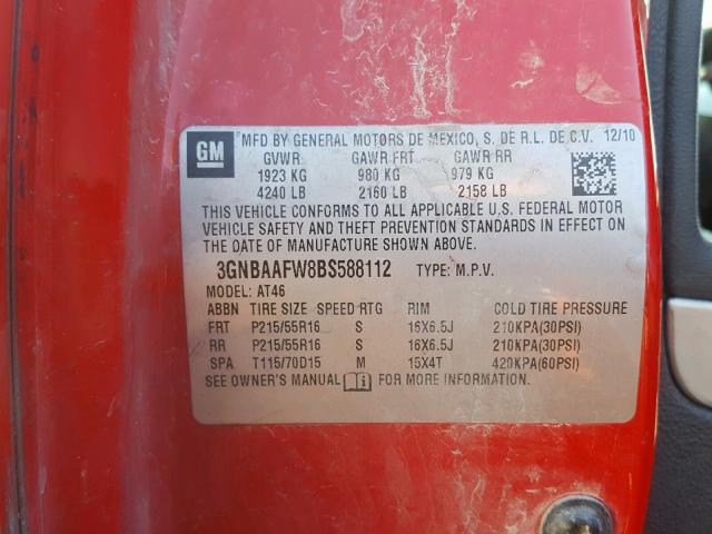 3GNBAAFW8BS588112 - 2011 CHEVROLET HHR LS Rojo foto 10