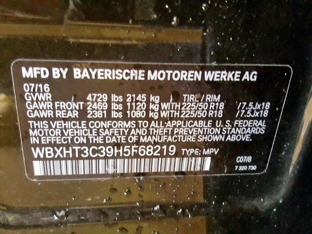 WBXHT3C39H5F68219 - 2017 BMW X1 XDRIVE2 BROWN photo 10