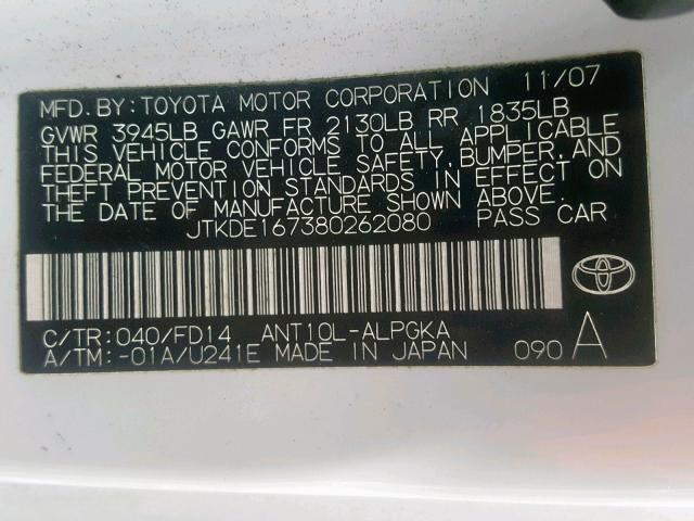 JTKDE167380262080 - 2008 TOYOTA SCION WHITE photo 10