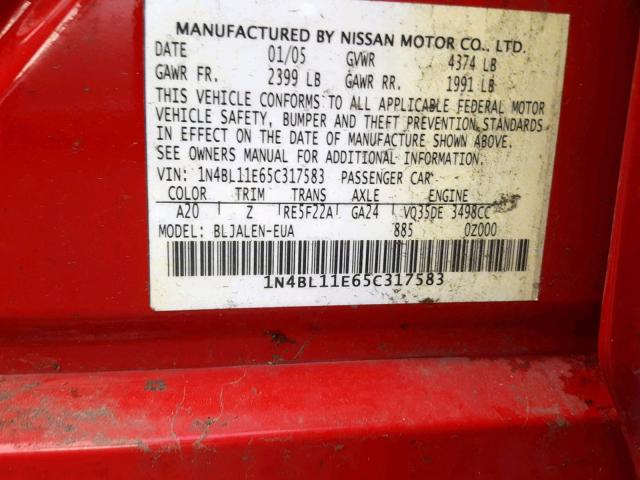 1N4BL11E65C317583 - 2005 NISSAN ALTIMA SE RED photo 10